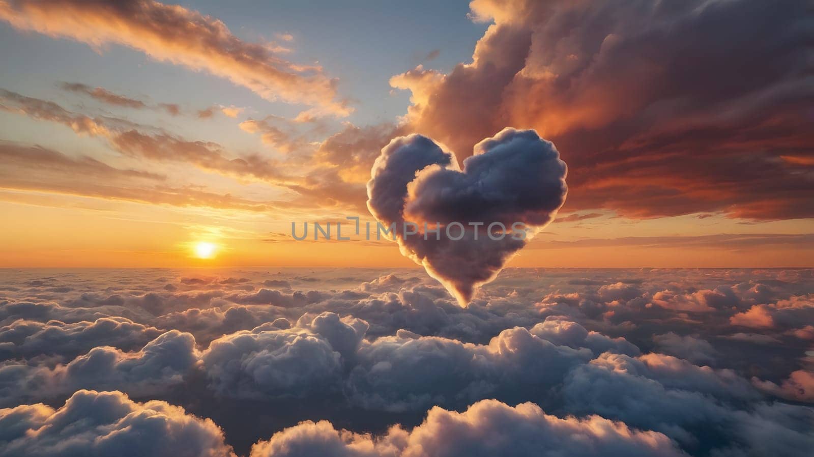 A striking heart-shaped cloud captures the eye during a vibrant sunset. The sun casts warm hues across the sky, illuminating surrounding clouds. This atmospheric phenomenon creates a romantic and serene ambiance as daylight fades.