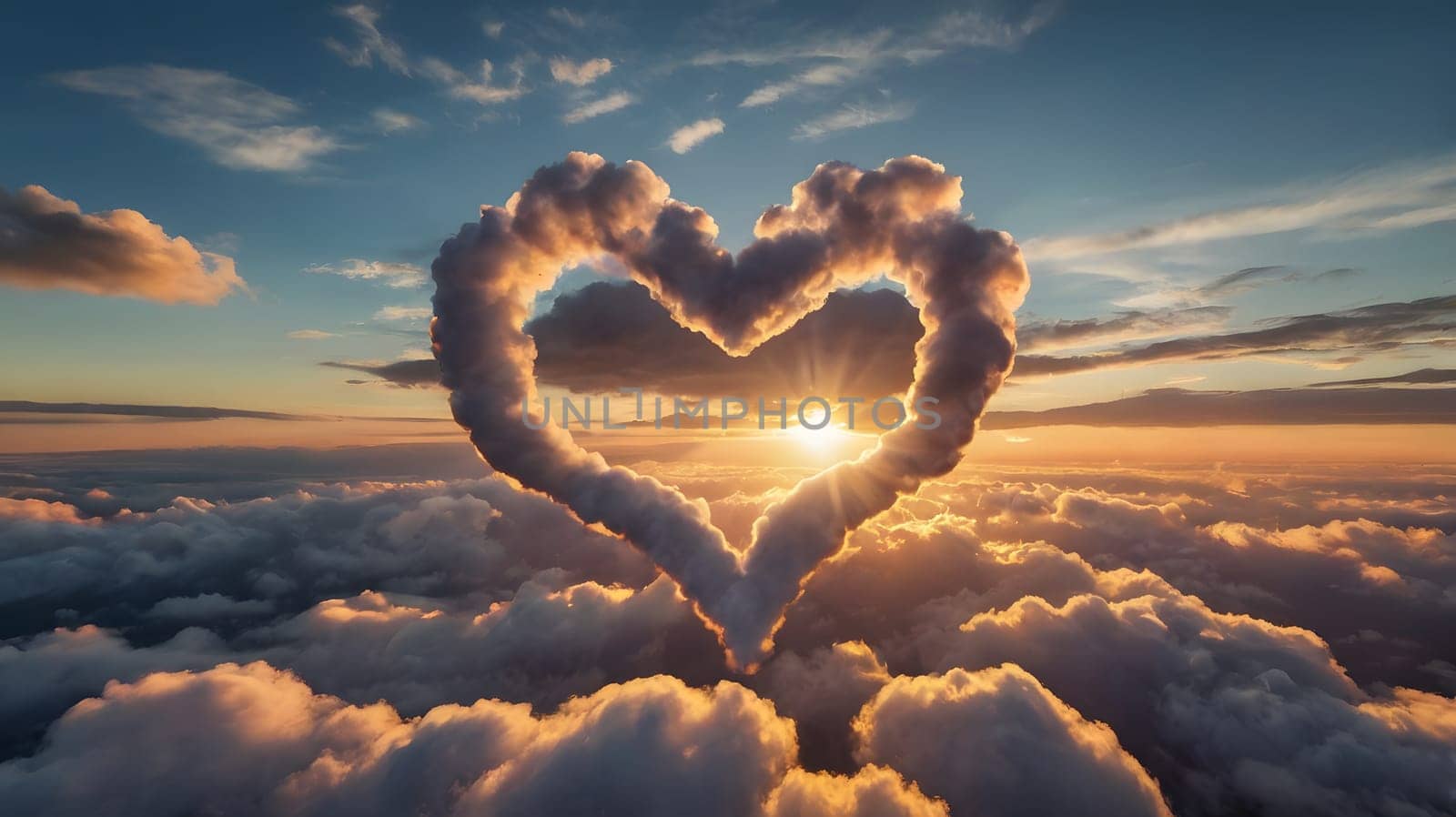 A stunning formation of clouds shaped like a heart emerges during a vibrant sunset. The sun's rays illuminate the sky, casting warm colors across the horizon. Below, a sea of soft clouds enhances the magical atmosphere.