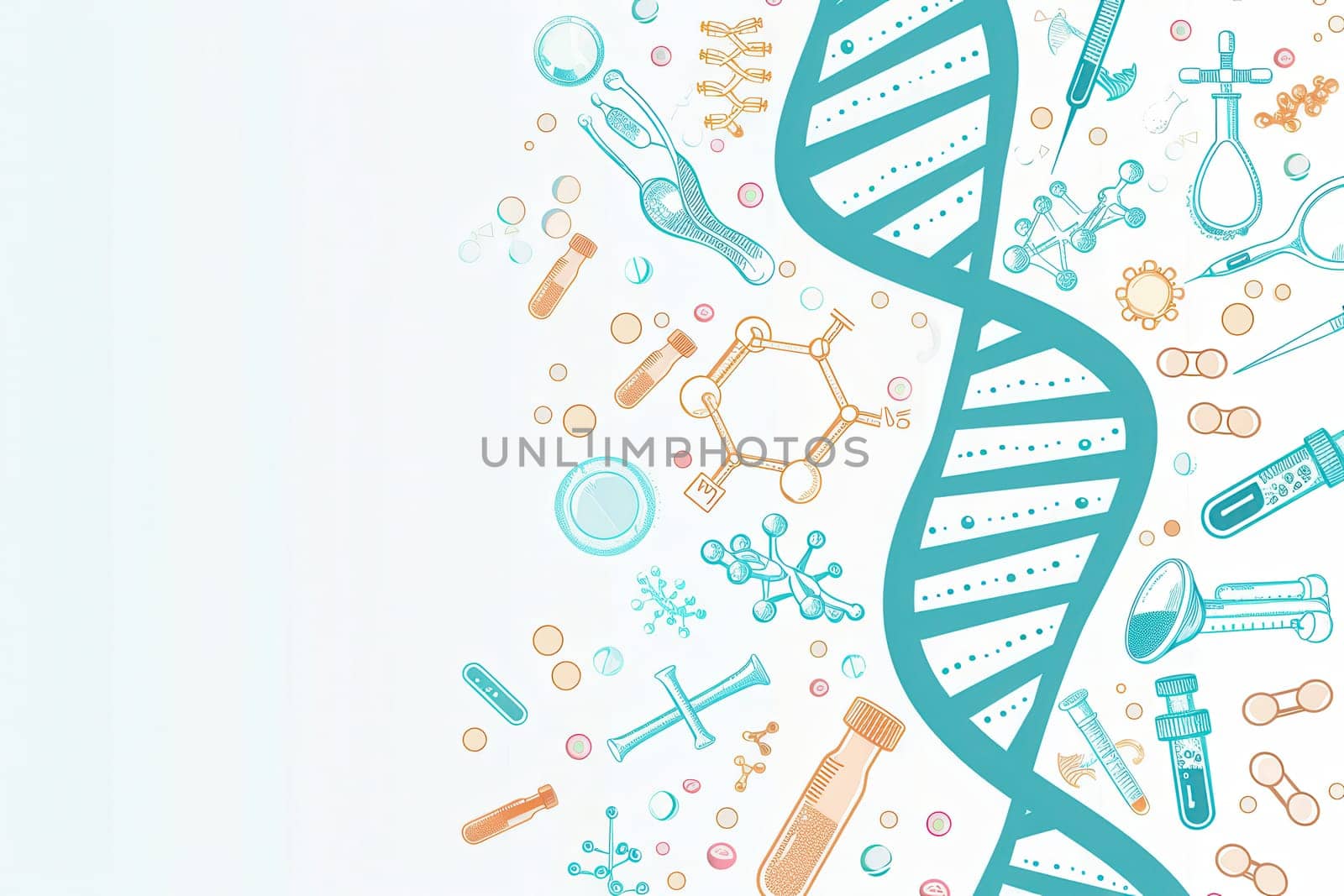 A double helix DNA strand is illustrated among various medical icons, highlighting tools and elements of scientific research and healthcare.