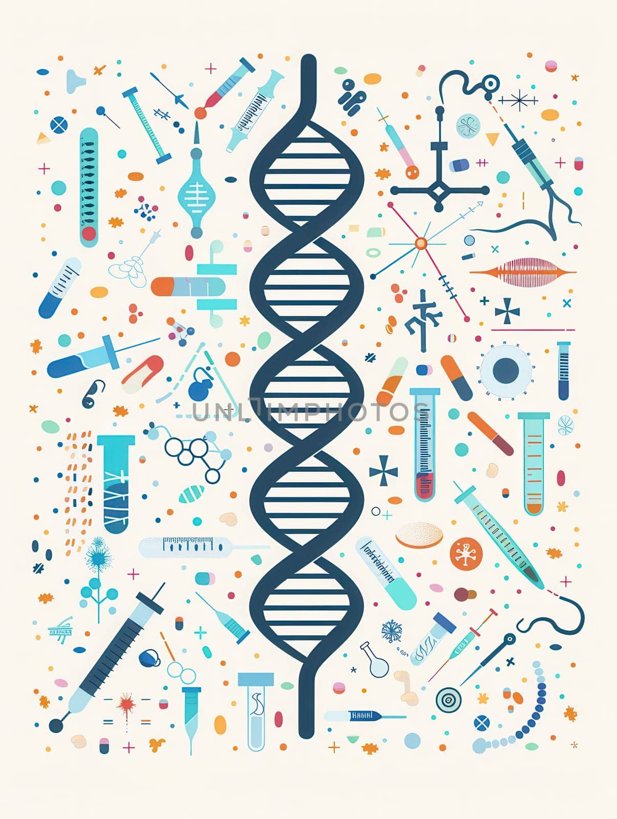 A double helix DNA strand is surrounded by various medical icons, illustrating the connection between genetics and medical science.