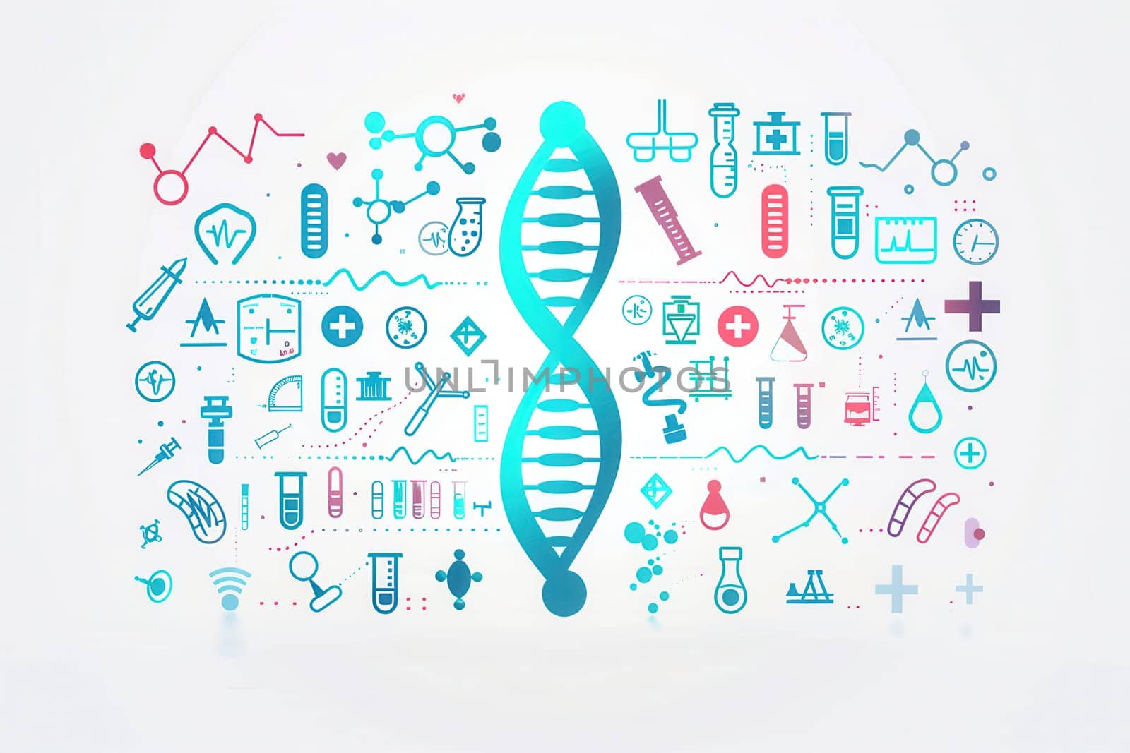 A double helix DNA strand is prominently featured, surrounded by various medical icons symbolizing health sciences and laboratory research.