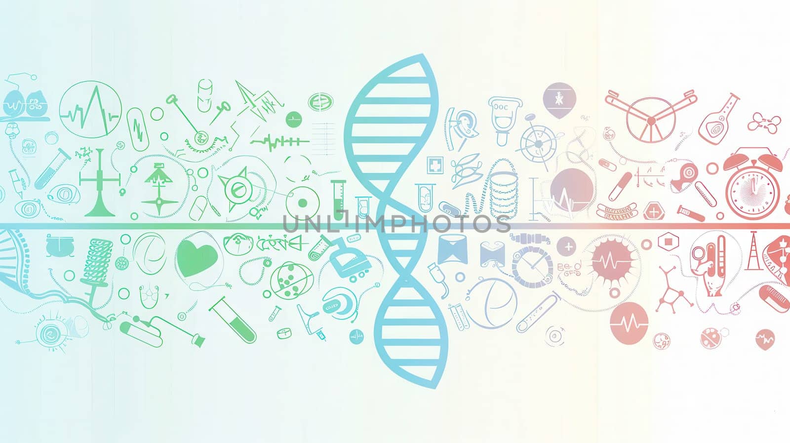 A double helix DNA strand is encircled by various medical icons, showcasing scientific research and innovative healthcare solutions.
