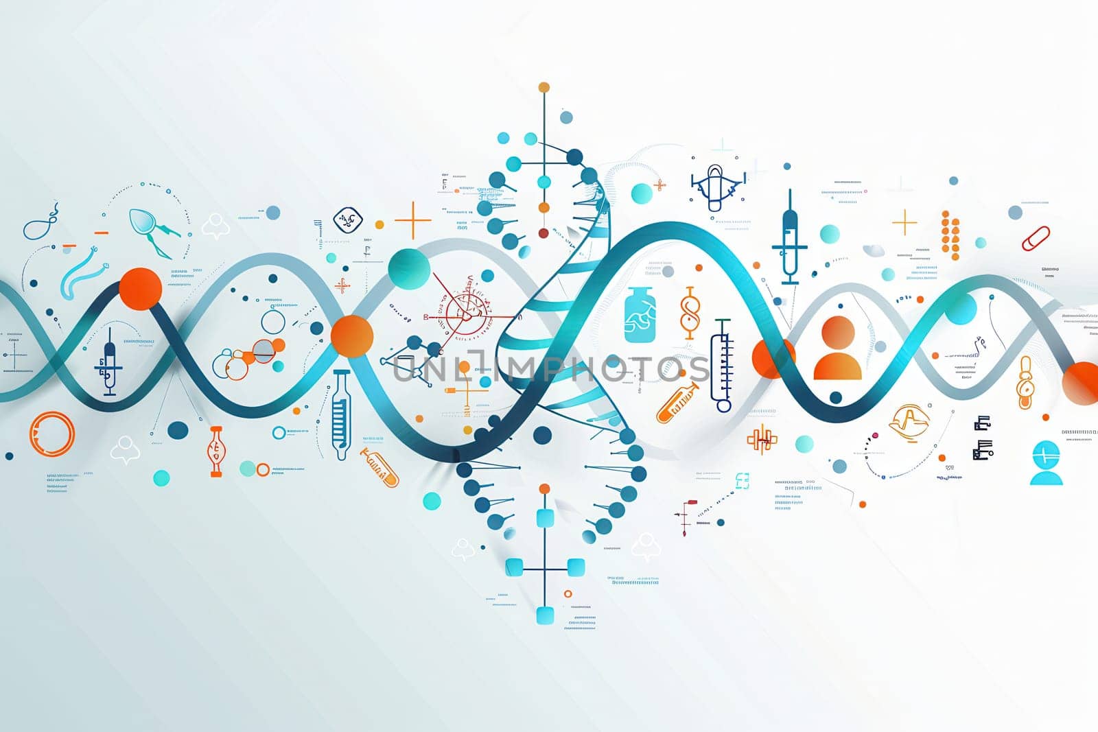 A vibrant double helix DNA strand is showcased with various medical icons, representing the connection between genetics and healthcare.