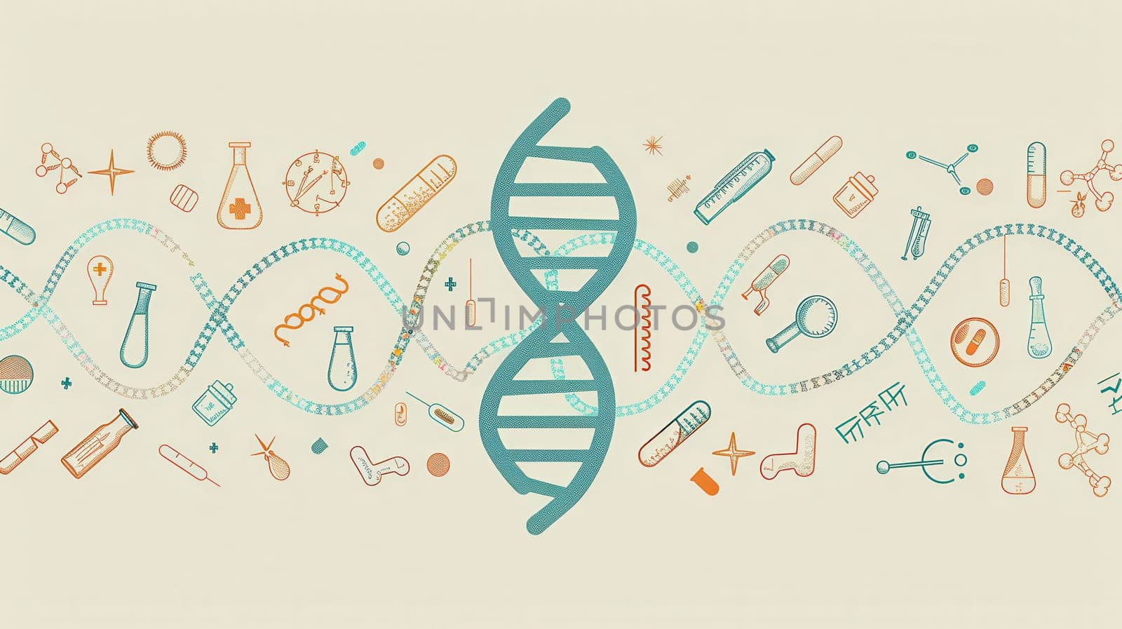 A double helix DNA strand is surrounded by diverse medical icons, including microscopes, test tubes, and stethoscopes, highlighting scientific research and innovation.