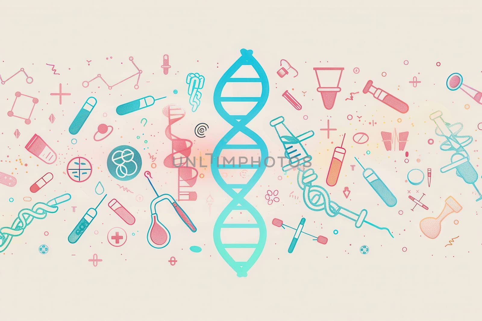 A vibrant double helix DNA strand is surrounded by various medical icons, representing the intersection of genetics and health in contemporary research.