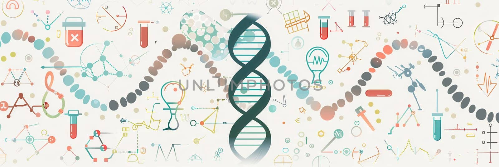 A double helix DNA strand is highlighted, surrounded by medical icons like microscopes, test tubes, and stethoscopes representing scientific exploration.