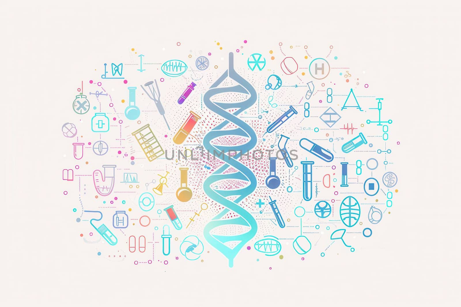A colorful double helix DNA strand is beautifully surrounded by various medical icons, illustrating the intersection of genetics and healthcare.
