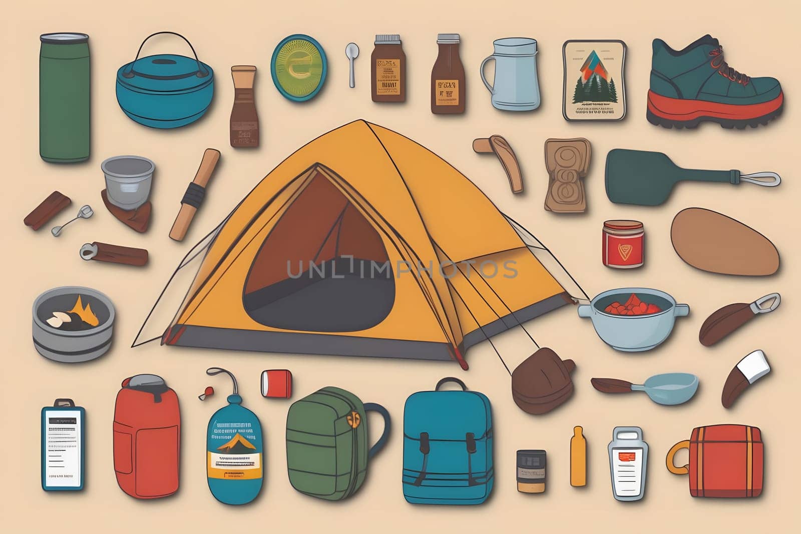 A vibrant display of various camping equipment arranged around a bright yellow tent. Items include cooking tools, food supplies, and hiking gear, each essential for enjoying nature. The assortment showcases the necessary gear for a successful outdoor excursion.