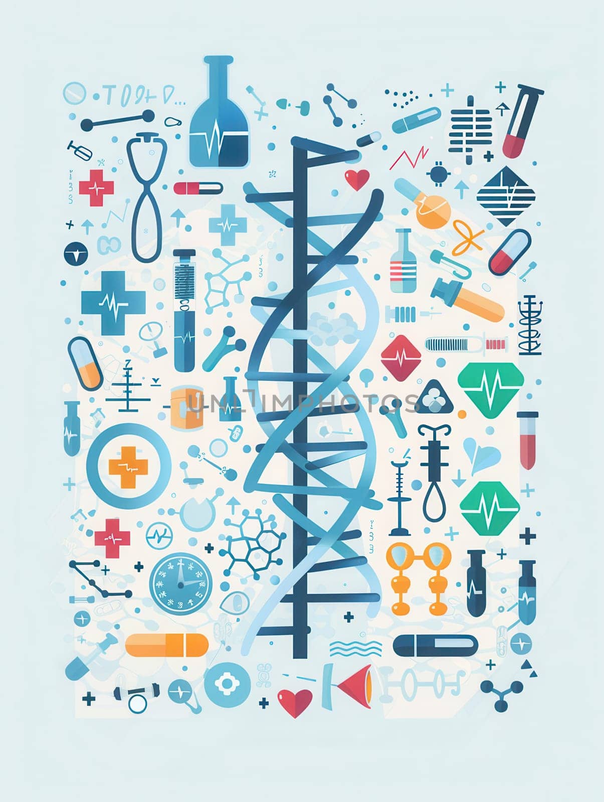 A double helix DNA strand is surrounded by various medical icons like stethoscopes, test tubes, and microscopes, symbolizing modern biomedical research.
