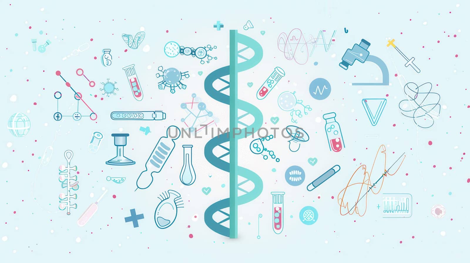 A double helix DNA strand is surrounded by various medical icons, showcasing the connection between genetics and healthcare advancements.