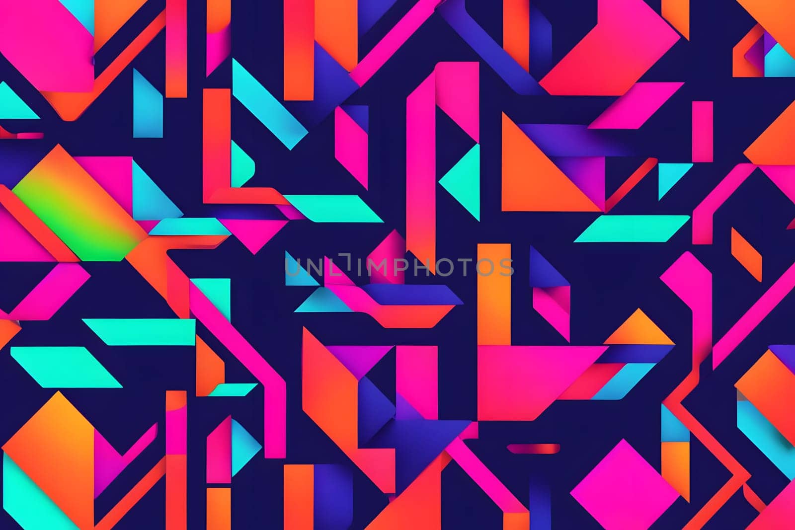 A vibrant composition showcases a blend of geometric shapes, including triangles, squares, and lines, arranged in an abstract manner. Bold colors such as pink, blue, and orange create a striking visual effect against a dark background, evoking a sense of energy and dynamism. This design captures the essence of modern art and digital aesthetics.