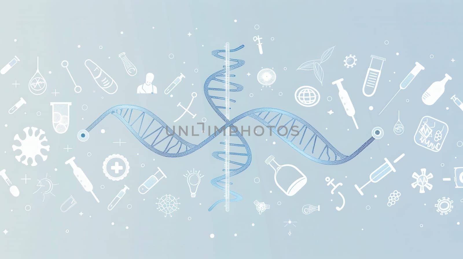 A double helix DNA strand is encircled by various medical icons including test tubes and stethoscopes, representing scientific discovery and health innovation.