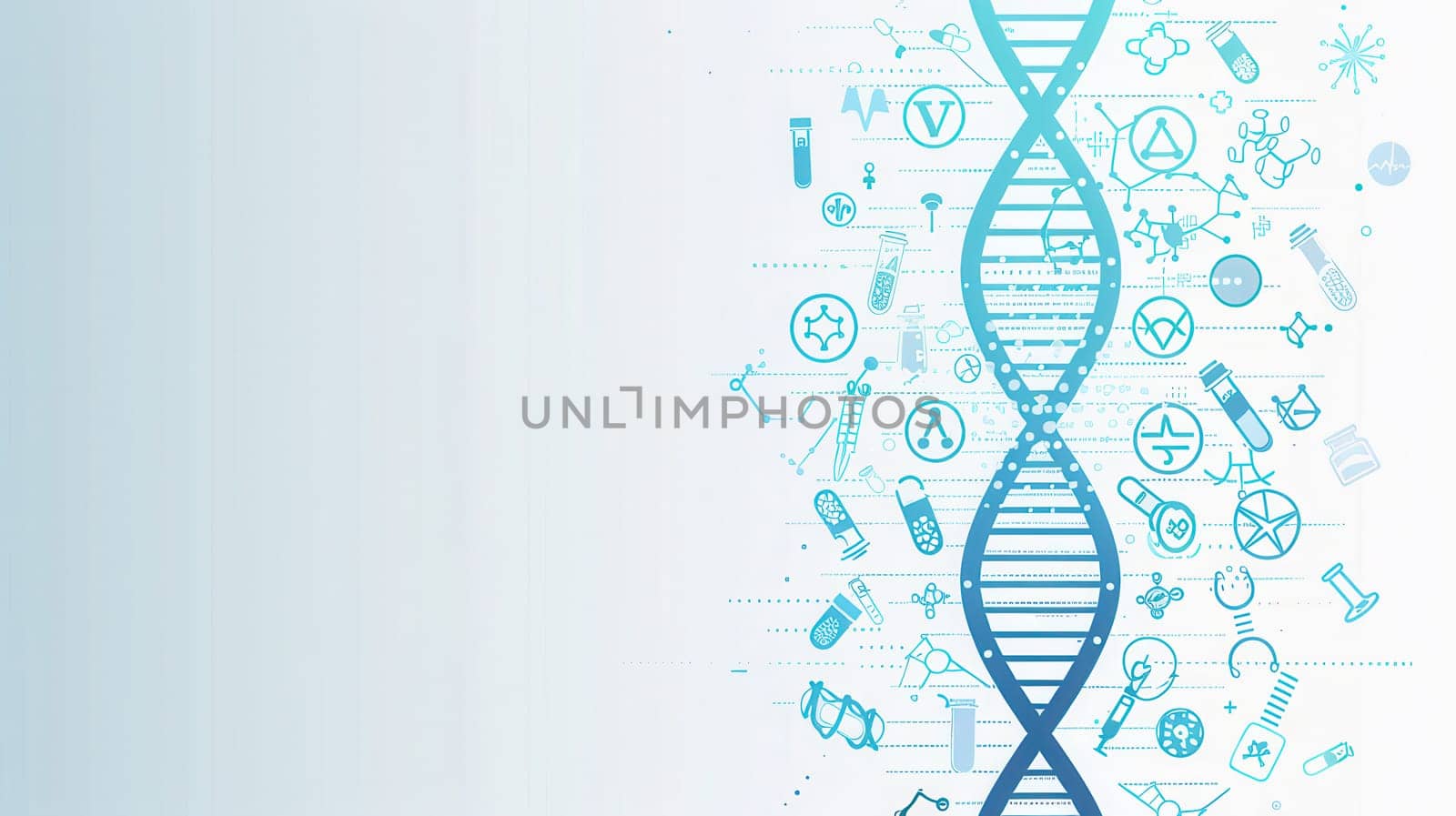 A vibrant double helix DNA strand is surrounded by various medical icons representing the tools used in scientific research and healthcare innovations.