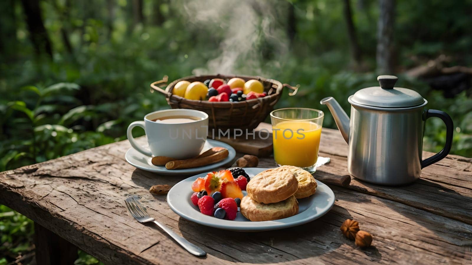 Freshly prepared breakfast includes fruit, biscuits, and beverages arranged on a rustic wooden table in a peaceful forest. The morning light filters through the trees, enhancing the serene atmosphere as steam rises from the kettle.