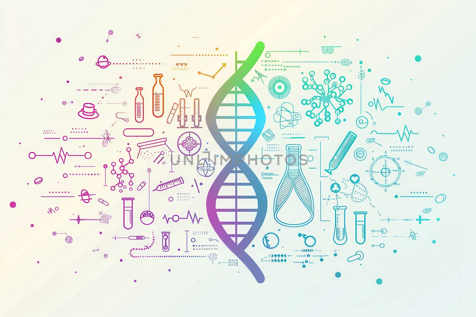 A double helix DNA strand is encircled by various medical icons, including test tubes, microscopes, and stethoscopes, representing health and scientific research.