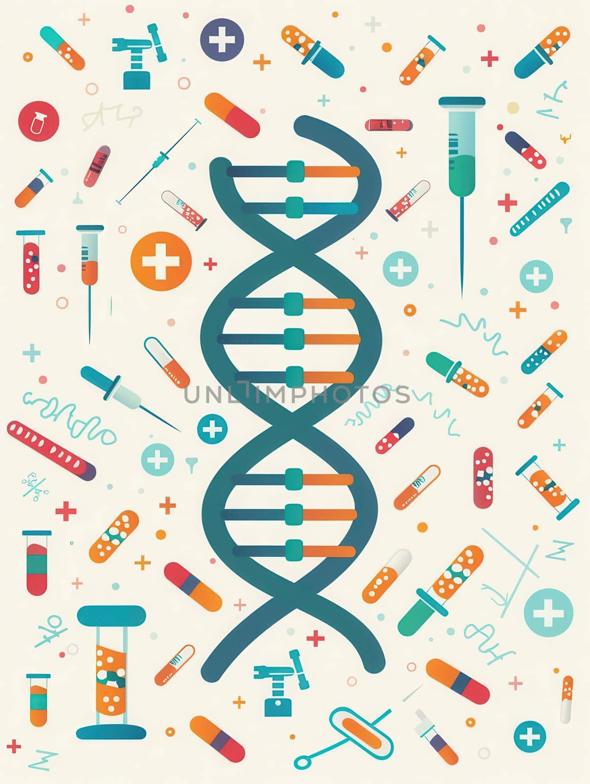 A vibrant double helix DNA strand is surrounded by various medical icons, including test tubes, stethoscopes, and microscopes, depicting a laboratory environment.