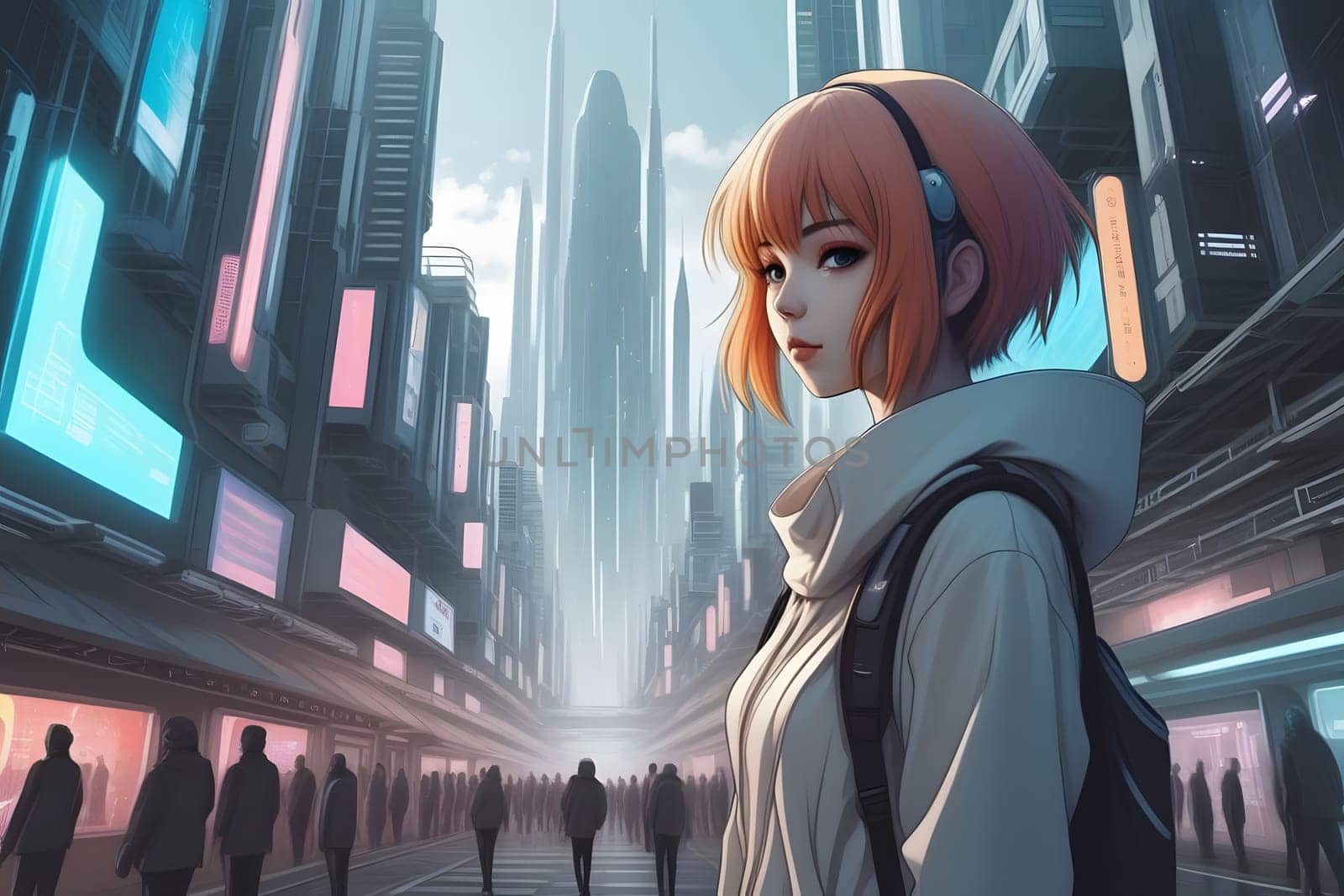 A young woman with short orange hair stands in a bustling futuristic city. Towering skyscrapers adorned with neon lights create a vibrant atmosphere around her. The crowd moves in the background as she gazes contemplatively into the distance, giving a sense of both solitude and connection to the thriving urban environment around her.