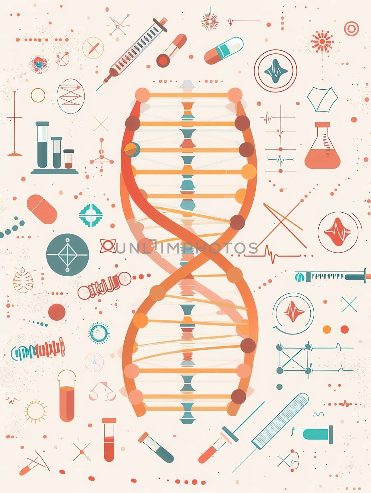 A colorful representation of a double helix DNA strand surrounded by medical icons like microscopes, test tubes, and stethoscopes in a laboratory setting.