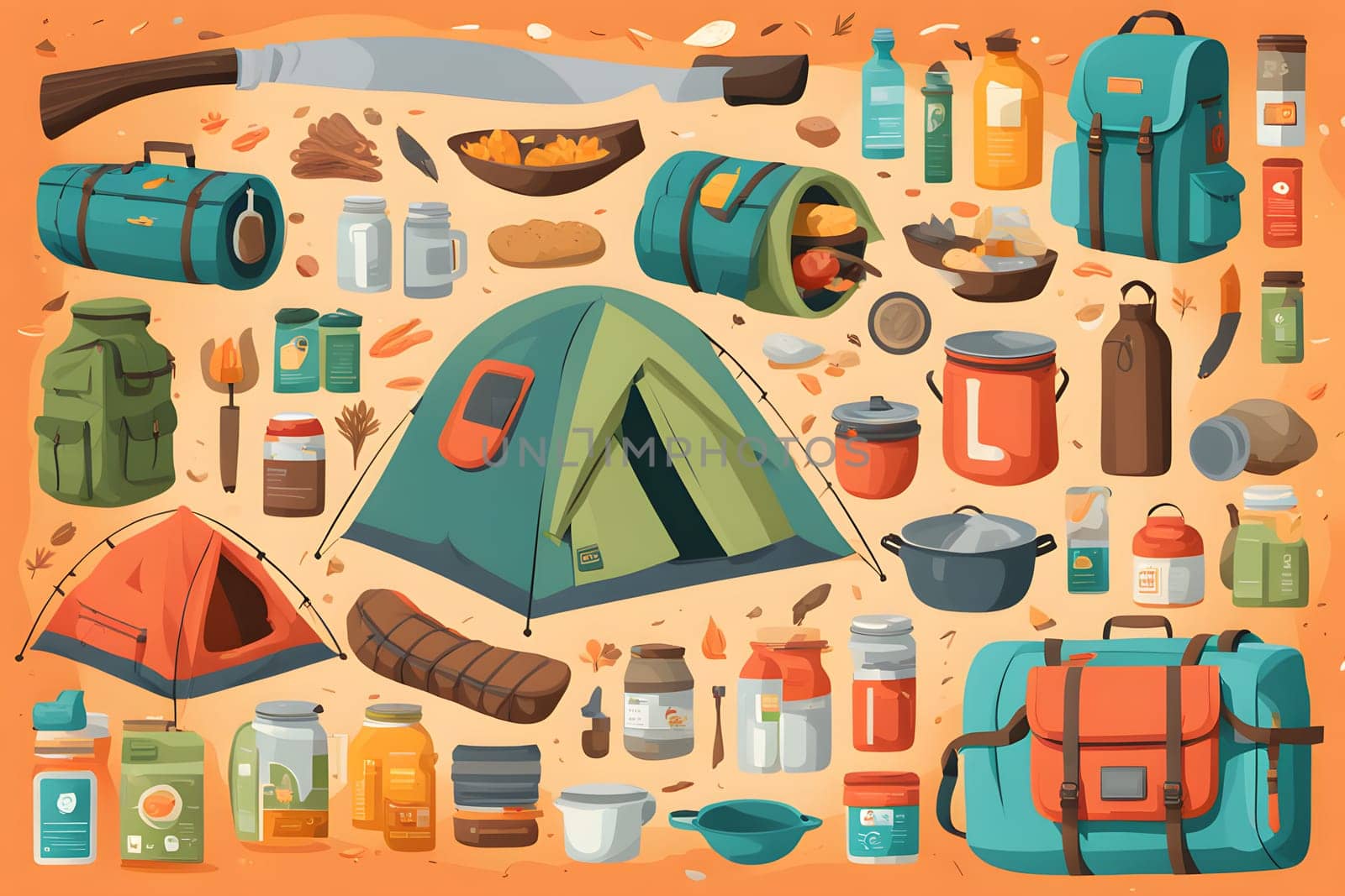 A colorful assortment of camping gear and supplies is arranged on the ground at a campsite. Various tents, cooking utensils, food containers, and backpacks are strategically placed, showcasing all essentials for outdoor adventures.
