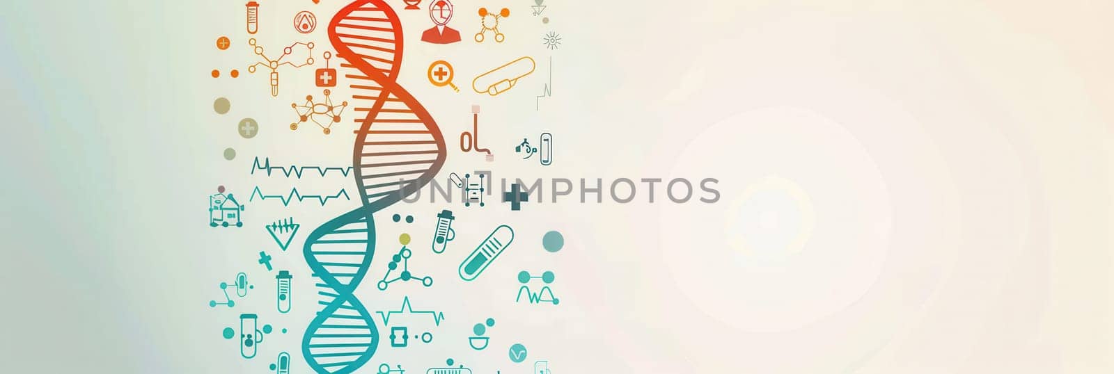 A vibrant double helix DNA strand is surrounded by various medical icons, highlighting the intersection of genetics and healthcare.