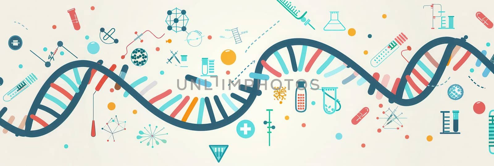 A double helix DNA strand is surrounded by various medical icons, illustrating the intersection of genetics and healthcare.