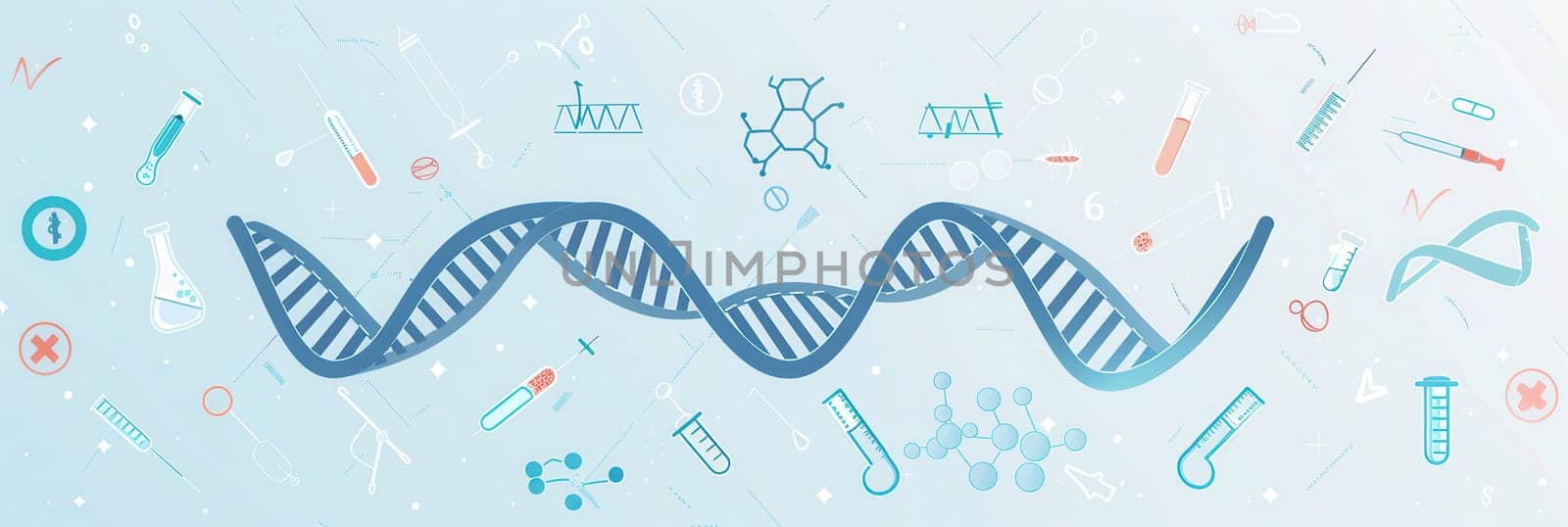 A double helix DNA strand is surrounded by various medical icons, including microscopes, test tubes, and stethoscopes, illustrating genetic research.