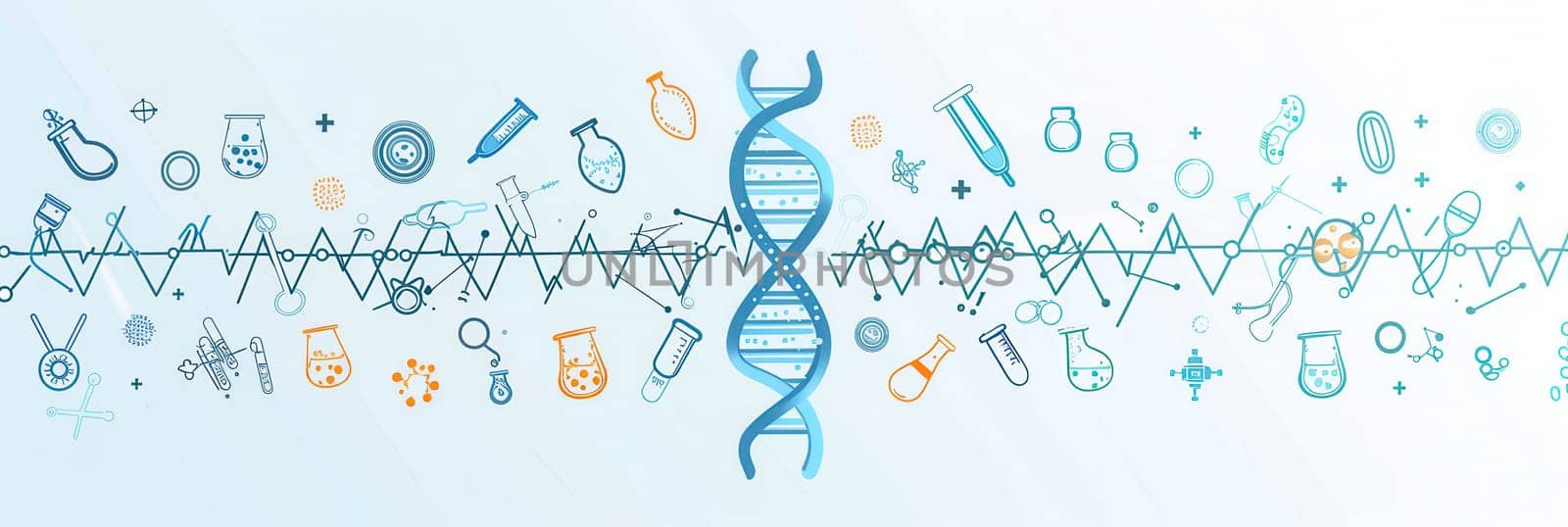 A central DNA strand is encircled by various medical icons, illustrating the intersection of genetics and healthcare innovation.