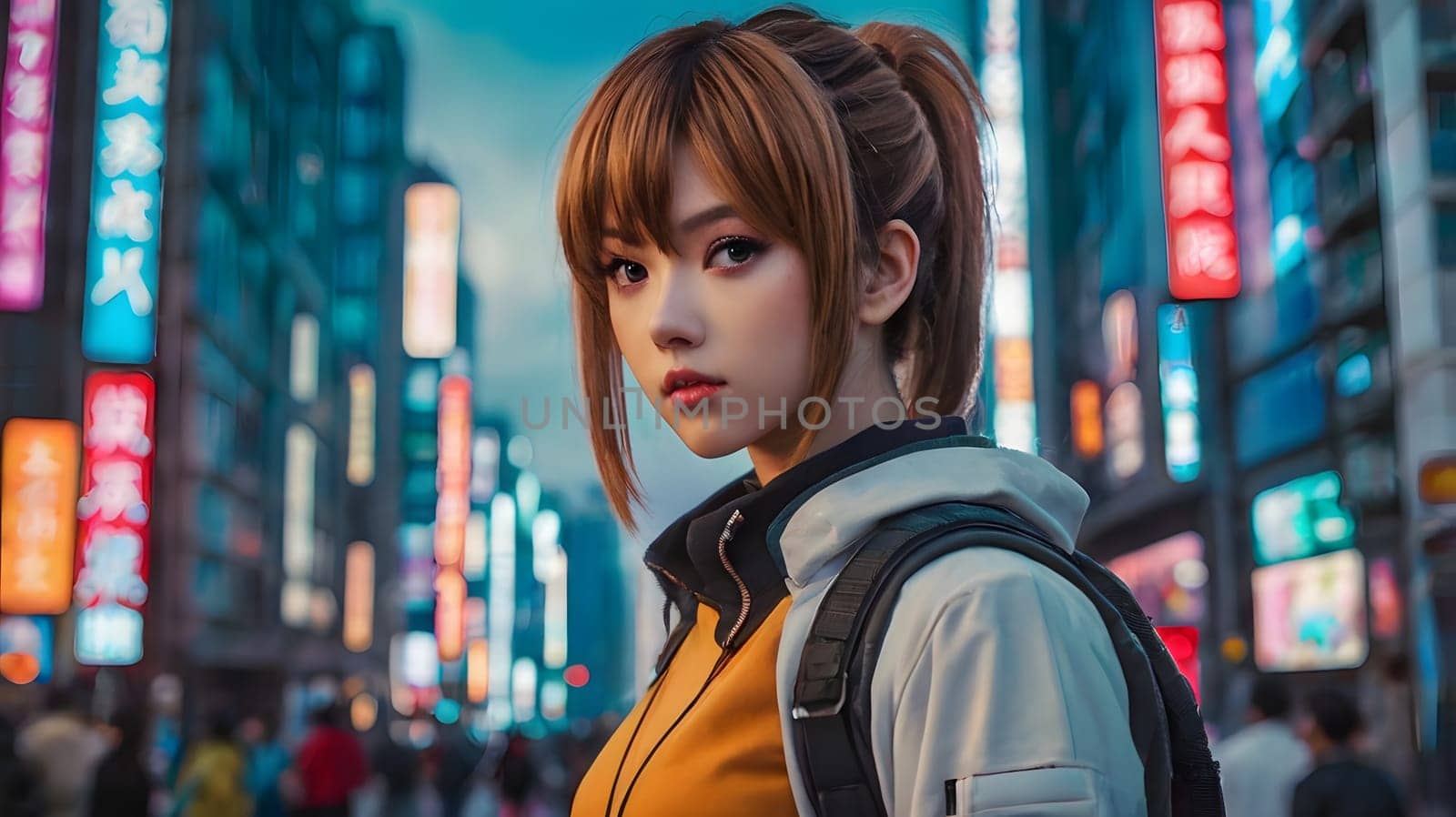 A young woman stands confidently on a bustling Tokyo street, surrounded by colorful neon lights as dusk settles. She wears a stylish jacket and has a ponytail, showcasing the energy and vibrancy of urban life in the city.