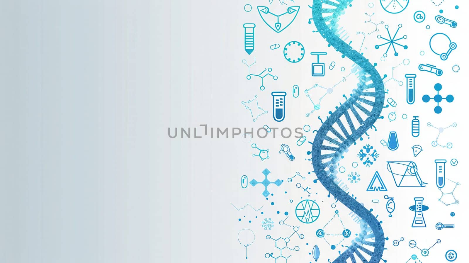 A double helix DNA strand is surrounded by various medical icons, illustrating the connection between genetics and medical science.