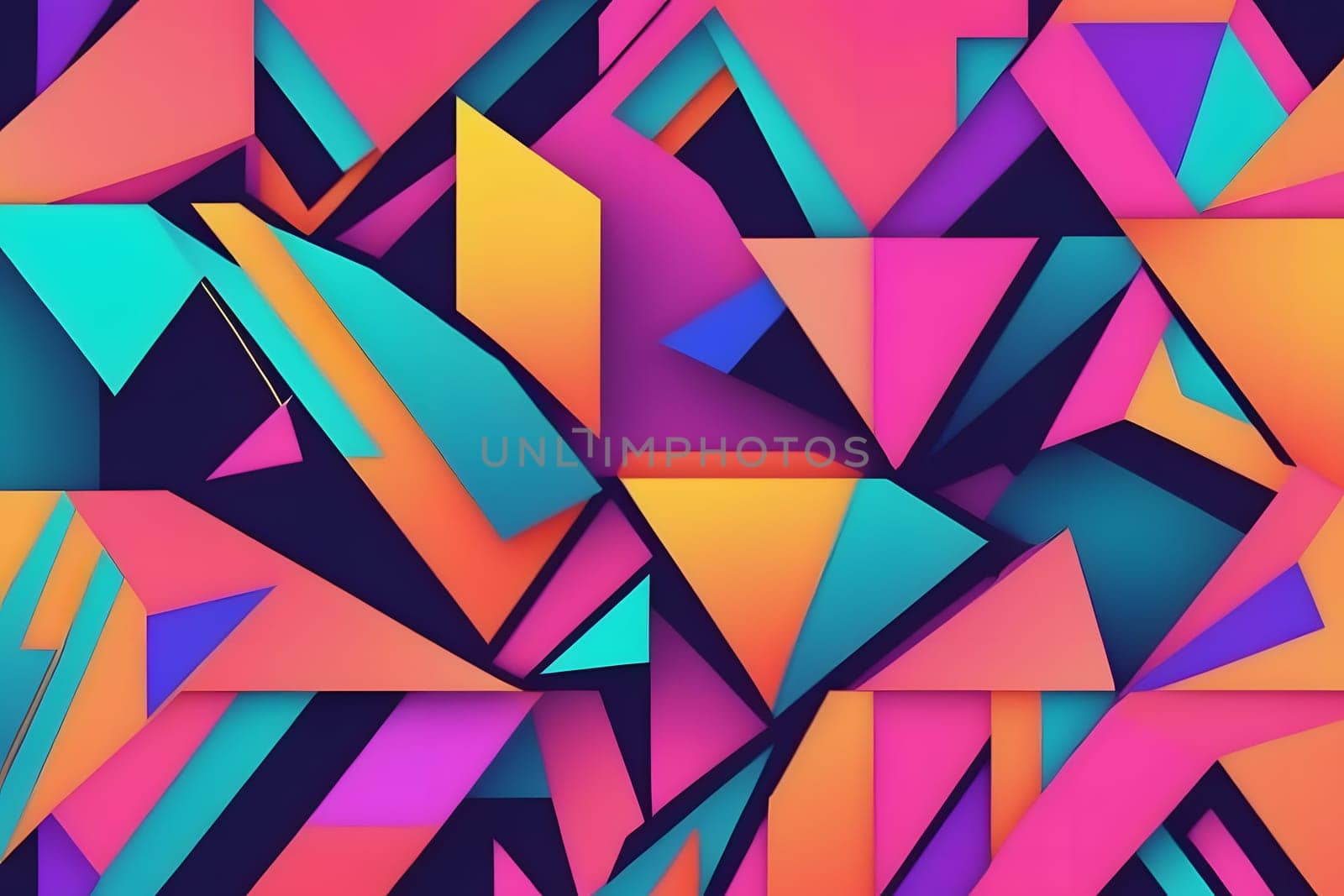 Colorful geometric shapes in various sizes and orientations create an abstract composition. The vibrant hues of pink, teal, and orange blend harmoniously, forming a striking visual experience that attracts the viewer's attention.