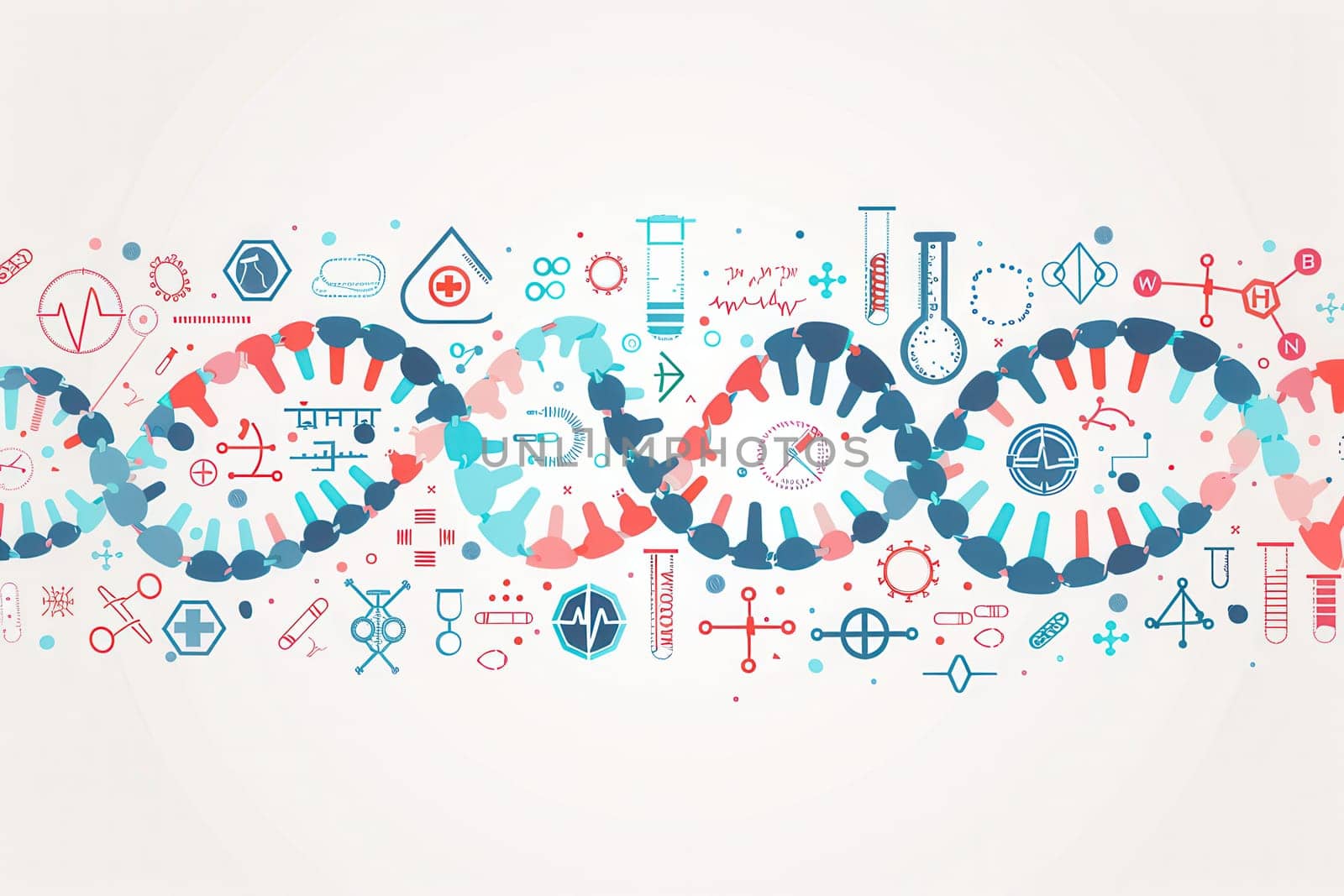 A colorful double helix DNA strand is surrounded by various medical icons, showcasing the integration of science and healthcare in modern research.