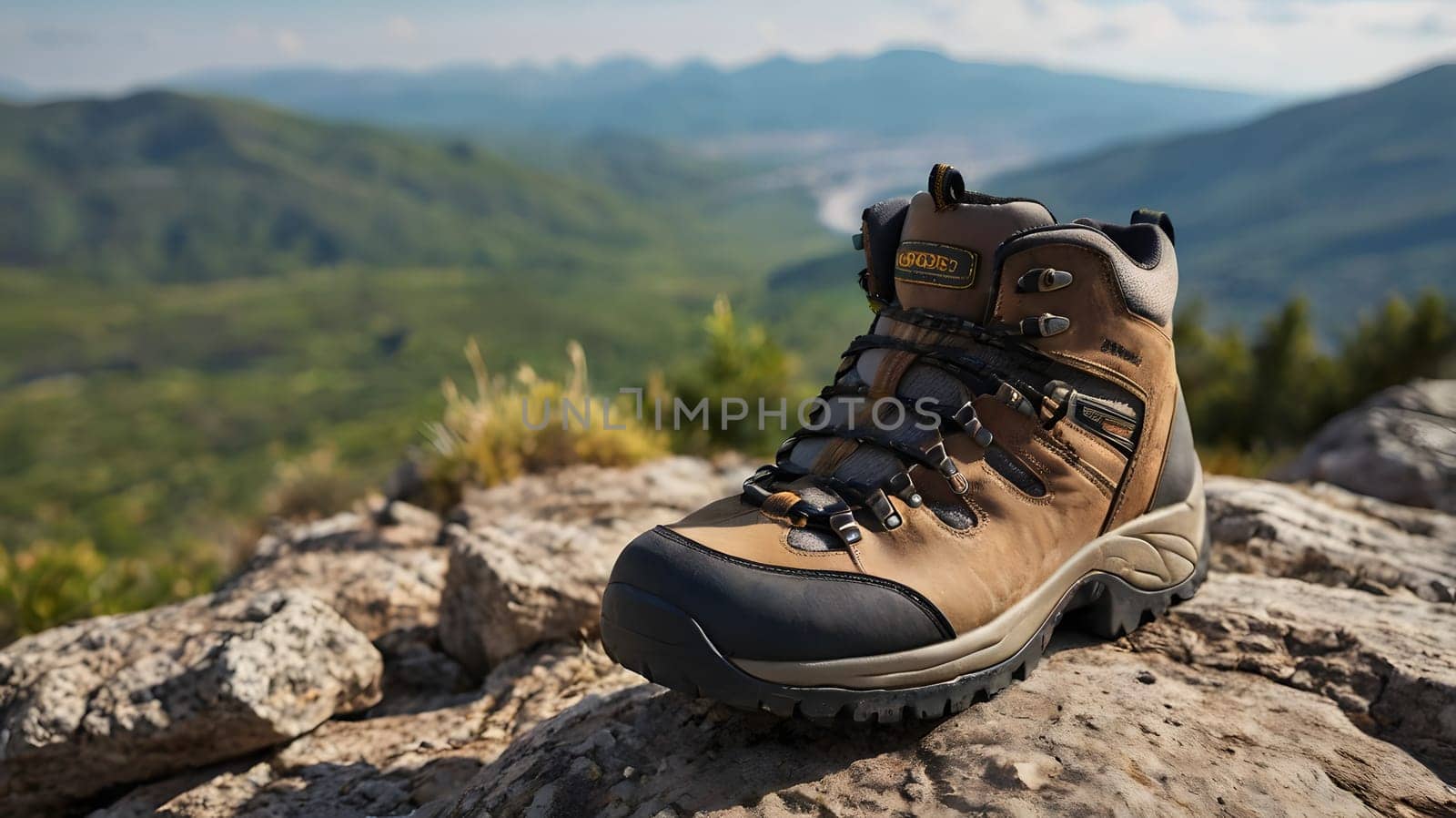 A sturdy hiking boot is positioned on a rocky surface, showcasing its durable design. In the background, a picturesque mountain landscape stretches under a bright blue sky, suggesting an adventurous outdoor setting.