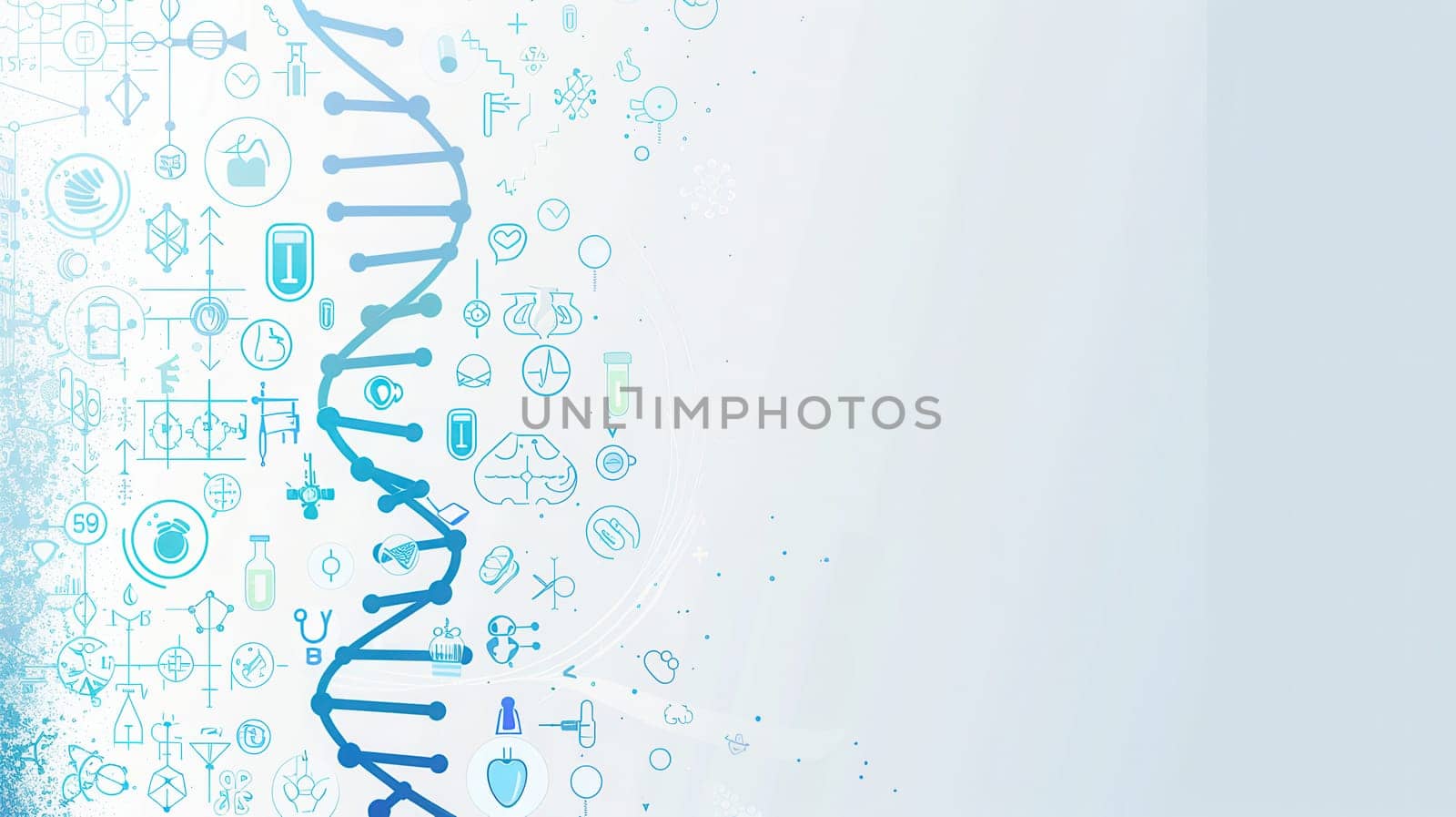 A double helix DNA strand stands central, surrounded by medical icons like microscopes, test tubes, and stethoscopes, symbolizing healthcare innovation and research.