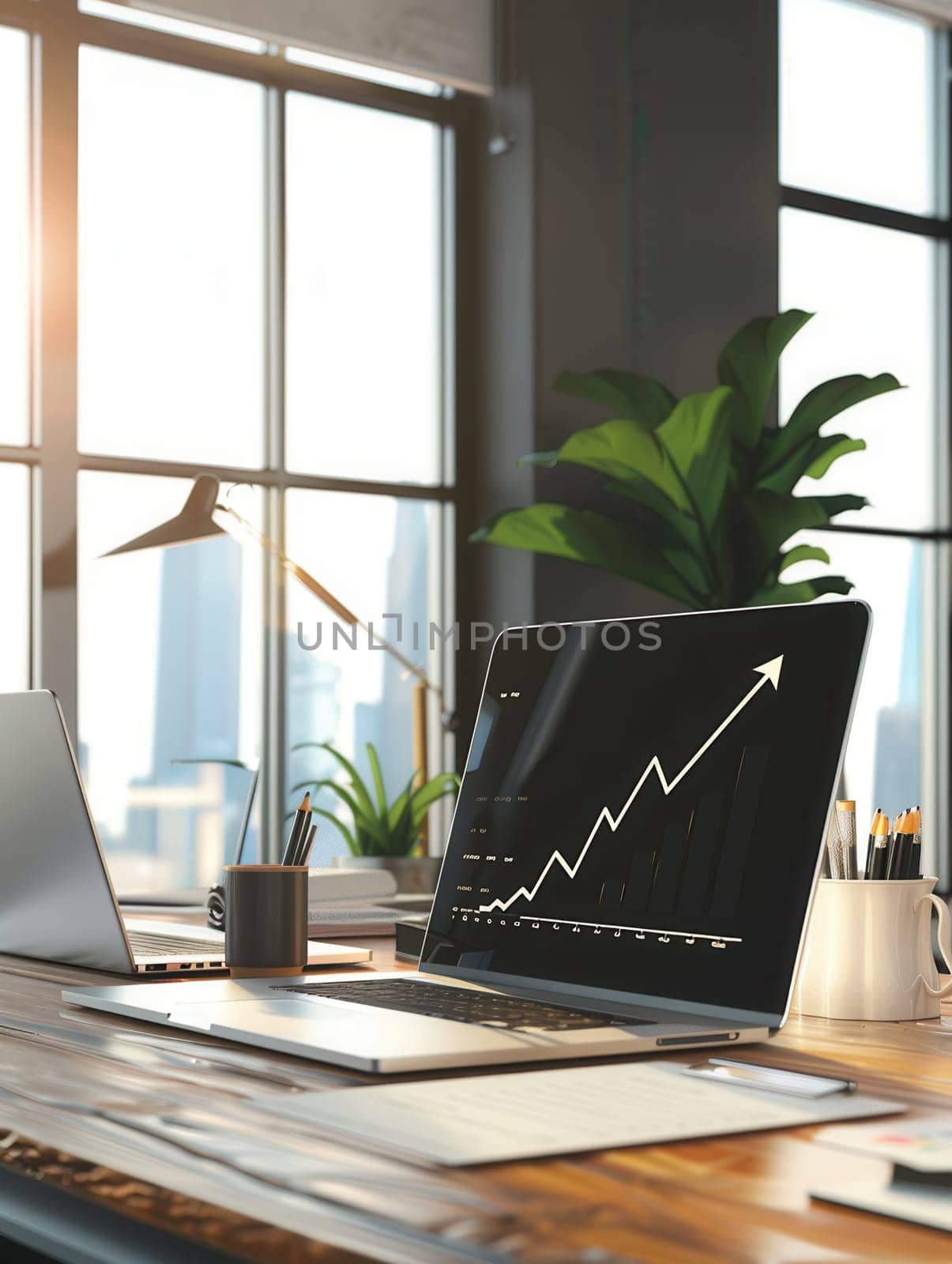 Bright and airy modern office with large windows showcasing a growth chart on the laptop, highlighting productivity and a focus on business success.