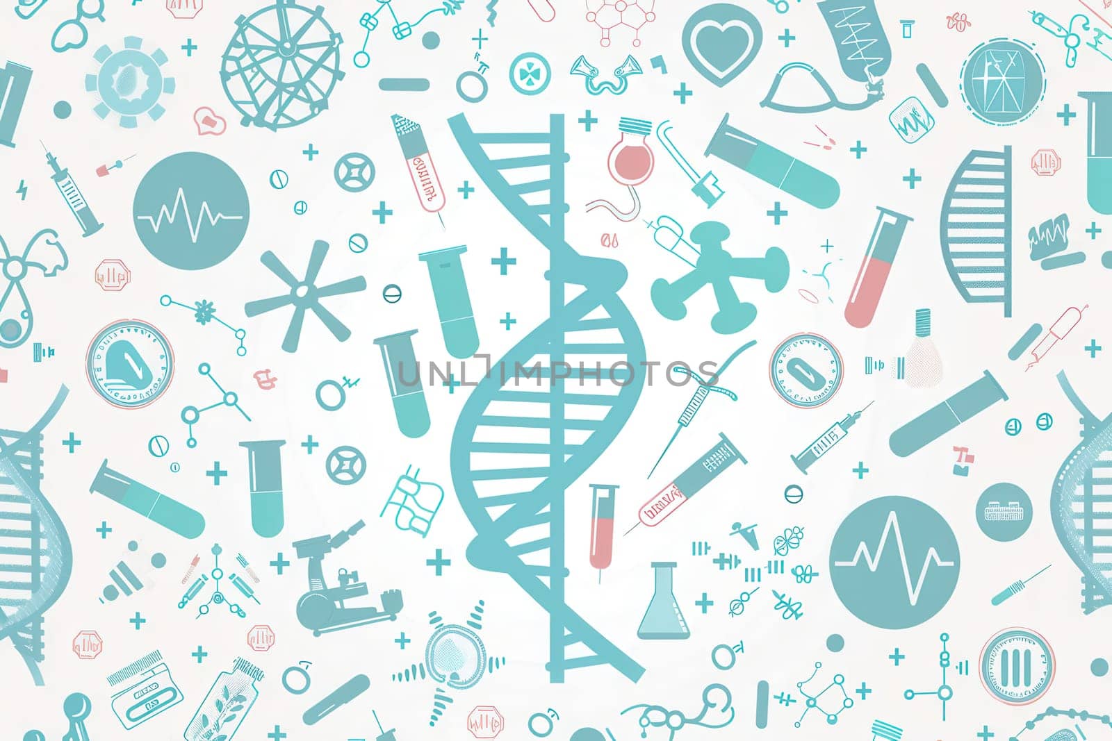 A double helix DNA strand is featured among various medical icons like microscopes, test tubes, and stethoscopes, symbolizing advancements in genetic research.
