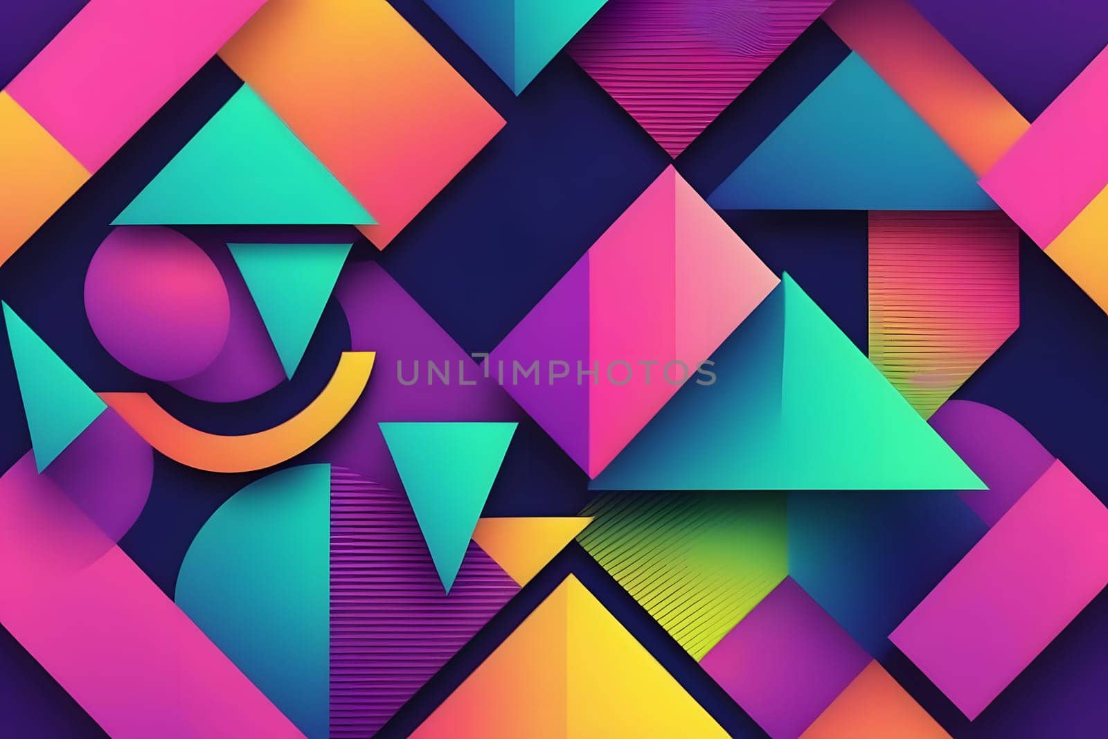 A vibrant arrangement of geometric shapes in various colors creates an engaging visual experience. Triangles, circles, and lines blend harmoniously, showcasing contrasting hues and patterns that draw the eye. This artwork demonstrates modern abstract design, emphasizing creativity and style.