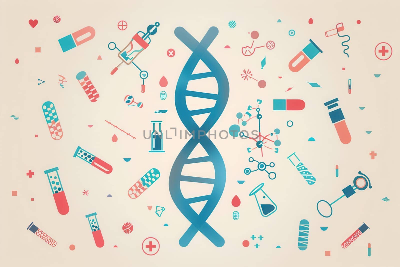A double helix DNA strand is encircled by various medical icons, representing the intersection of genetics, health, and scientific research.