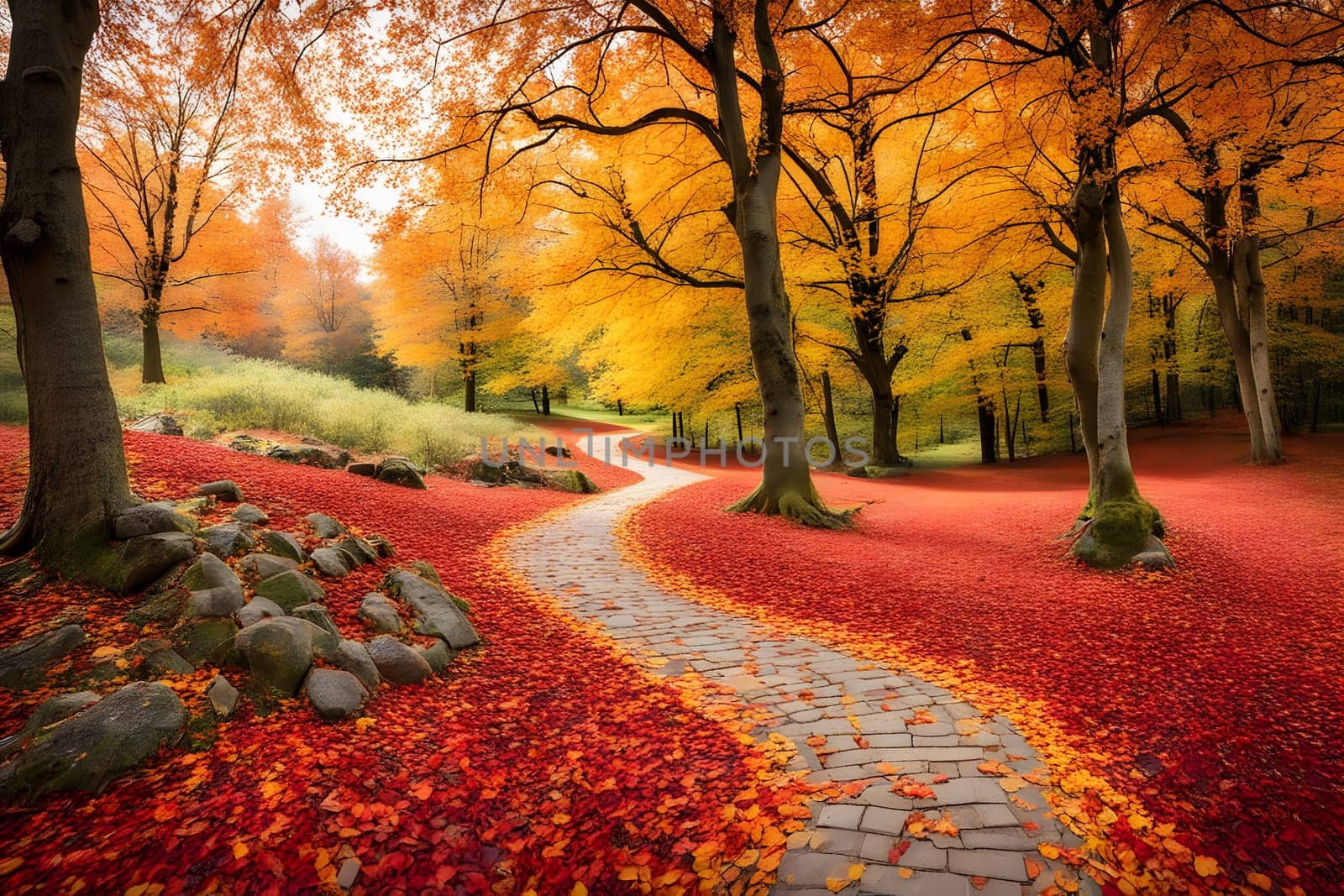 A winding path meanders through a vibrant autumn forest filled with trees showcasing brilliant orange and yellow foliage. The ground is covered in a carpet of fallen red leaves, creating a picturesque scene. Sunlight filters through the branches, illuminating the serene environment.