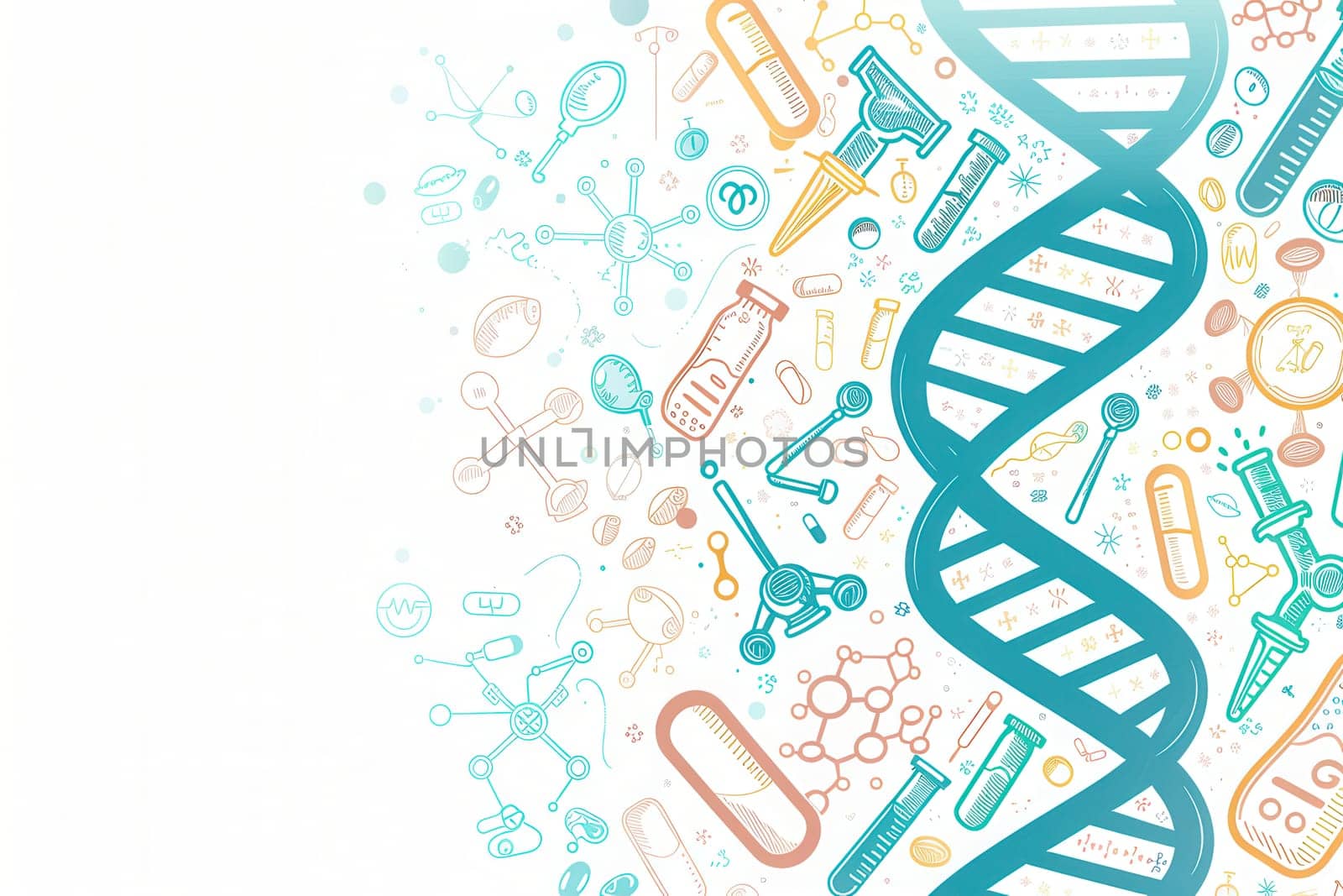 A double helix DNA strand is interspersed with various medical icons like microscopes, test tubes, and stethoscopes, symbolizing scientific exploration.