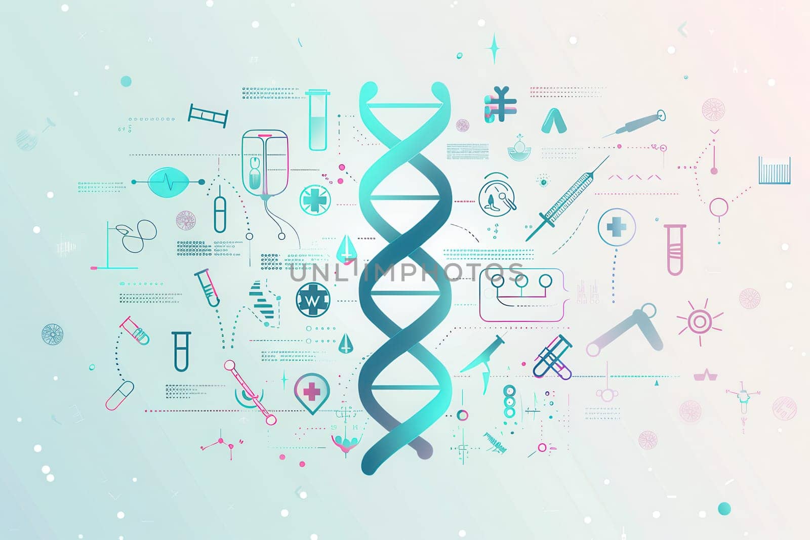 A double helix DNA strand is surrounded by diverse medical icons, emphasizing the integration of genetics and healthcare technology.
