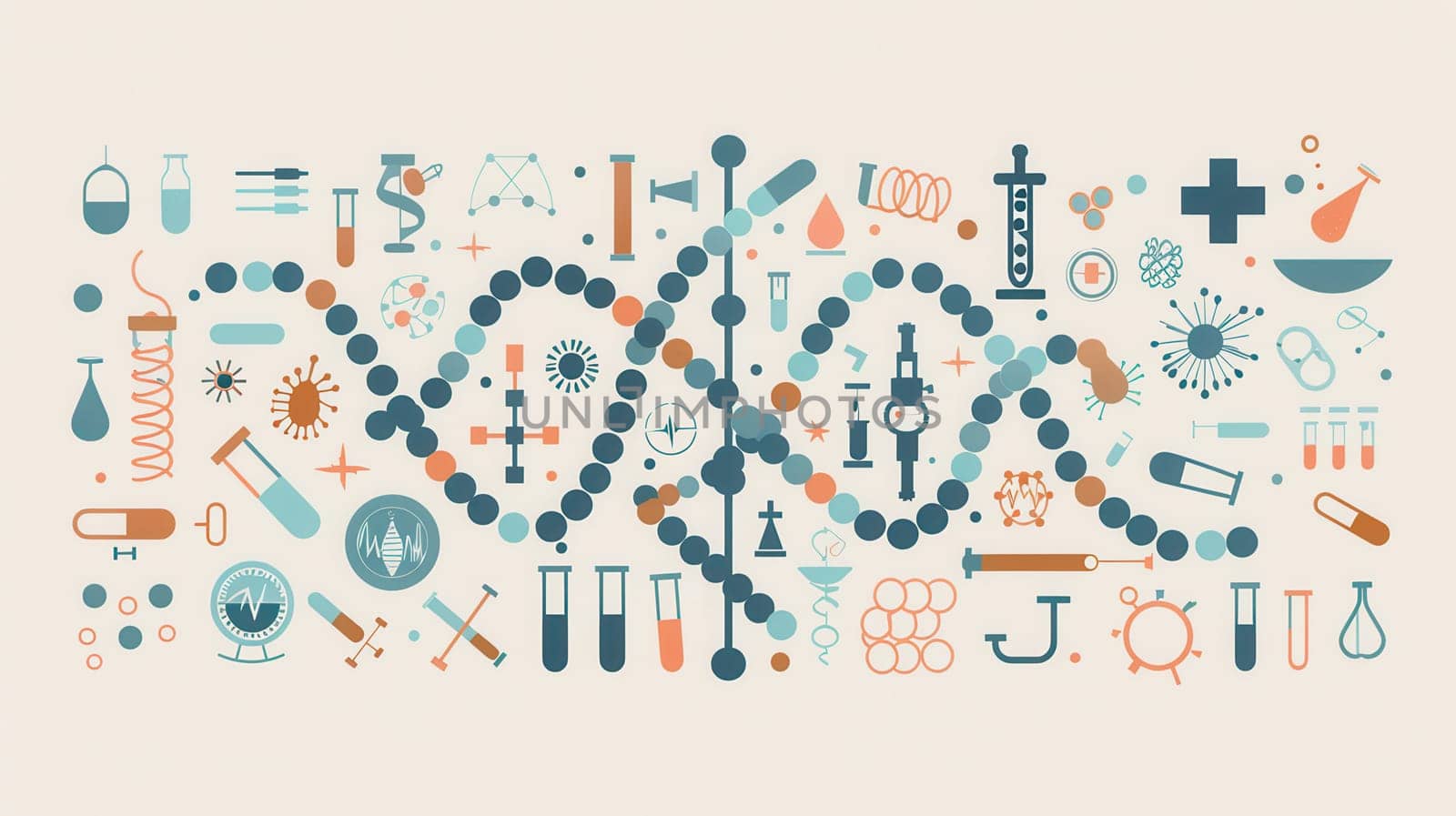A double helix DNA strand is prominently displayed, surrounded by various medical icons like microscopes and test tubes, illustrating the fusion of genetics and medicine.