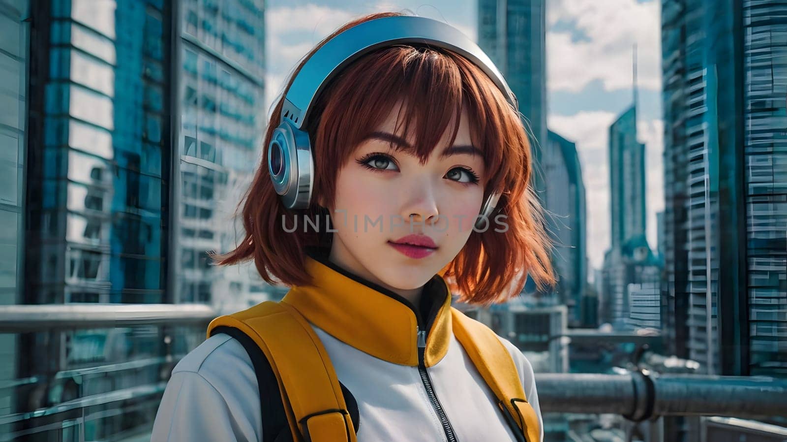 A young woman stands confidently on a rooftop in a vibrant urban environment, showcasing her stylish jacket and headphones. Skyscrapers loom in the background, reflecting the modern cityscape. The bright sky adds energy to her look, making her appear poised and fashionable.