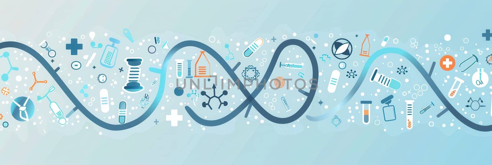 A double helix DNA strand is surrounded by diverse medical icons, including microscopes, test tubes, and stethoscopes, illustrating a scientific theme.