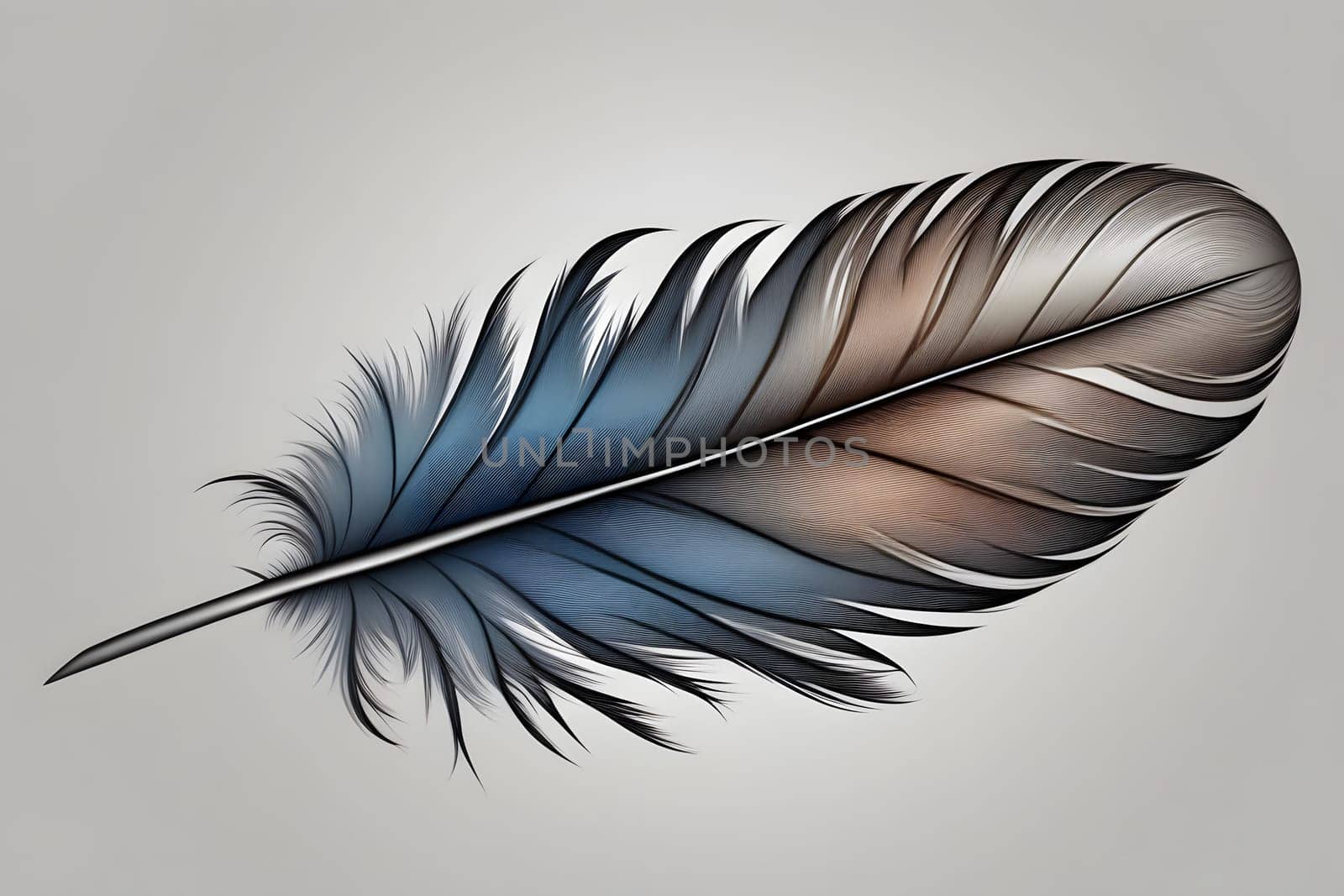 A beautifully detailed feather showcases gradient hues of brown and blue. The intricate barbs and soft texture highlight nature's artistry. Its delicate placement against a neutral backdrop emphasizes the feather's graceful form, capturing a moment of tranquil beauty.