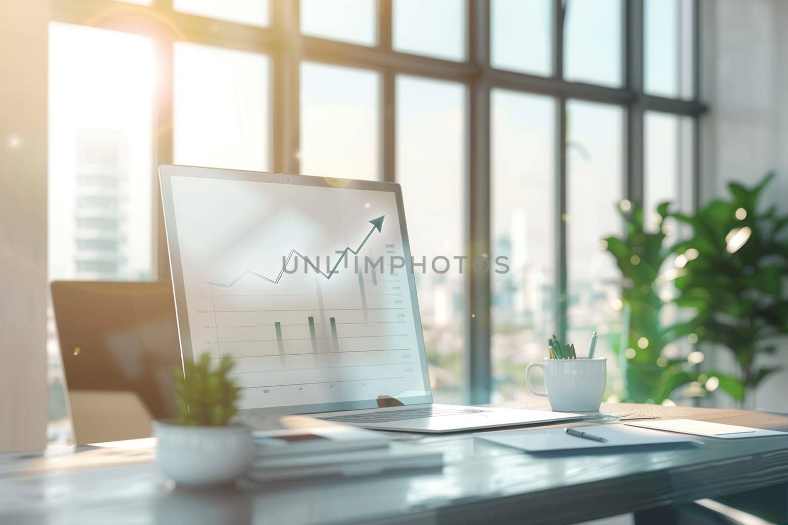 A sleek office features a computer displaying growth charts, surrounded by greenery and ample sunlight streaming through large windows.
