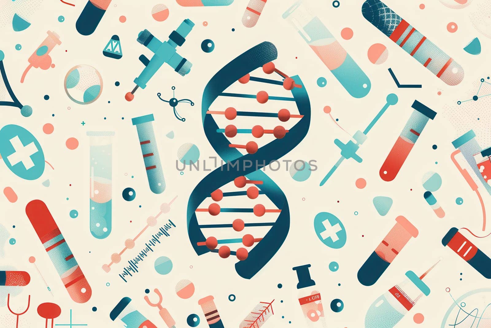 A vibrant double helix of DNA is showcased at the center, surrounded by various medical icons, illustrating the intersection of genetics and healthcare.