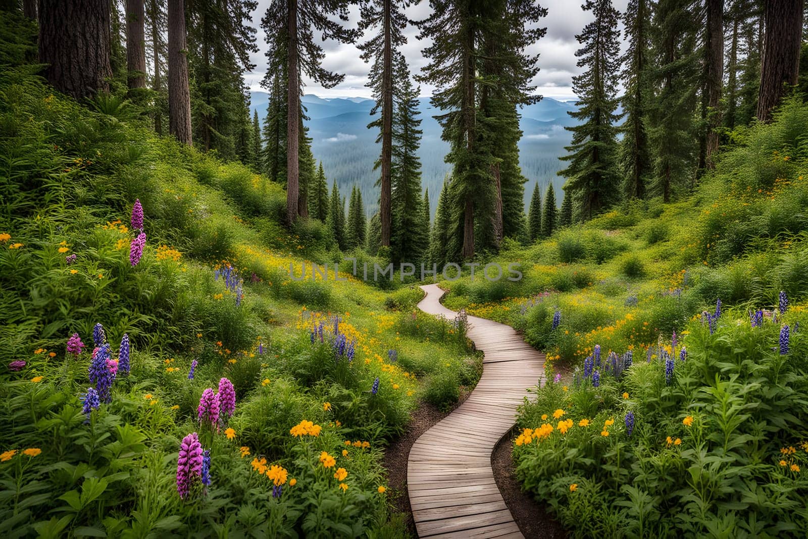 A meandering wooden pathway cuts through a vibrant forest filled with wildflowers in bloom. Tall trees stand majestically on either side, creating a serene atmosphere. The lush greenery and colorful petals reflect the beauty of summertime, inviting exploration and appreciation of nature's splendor.