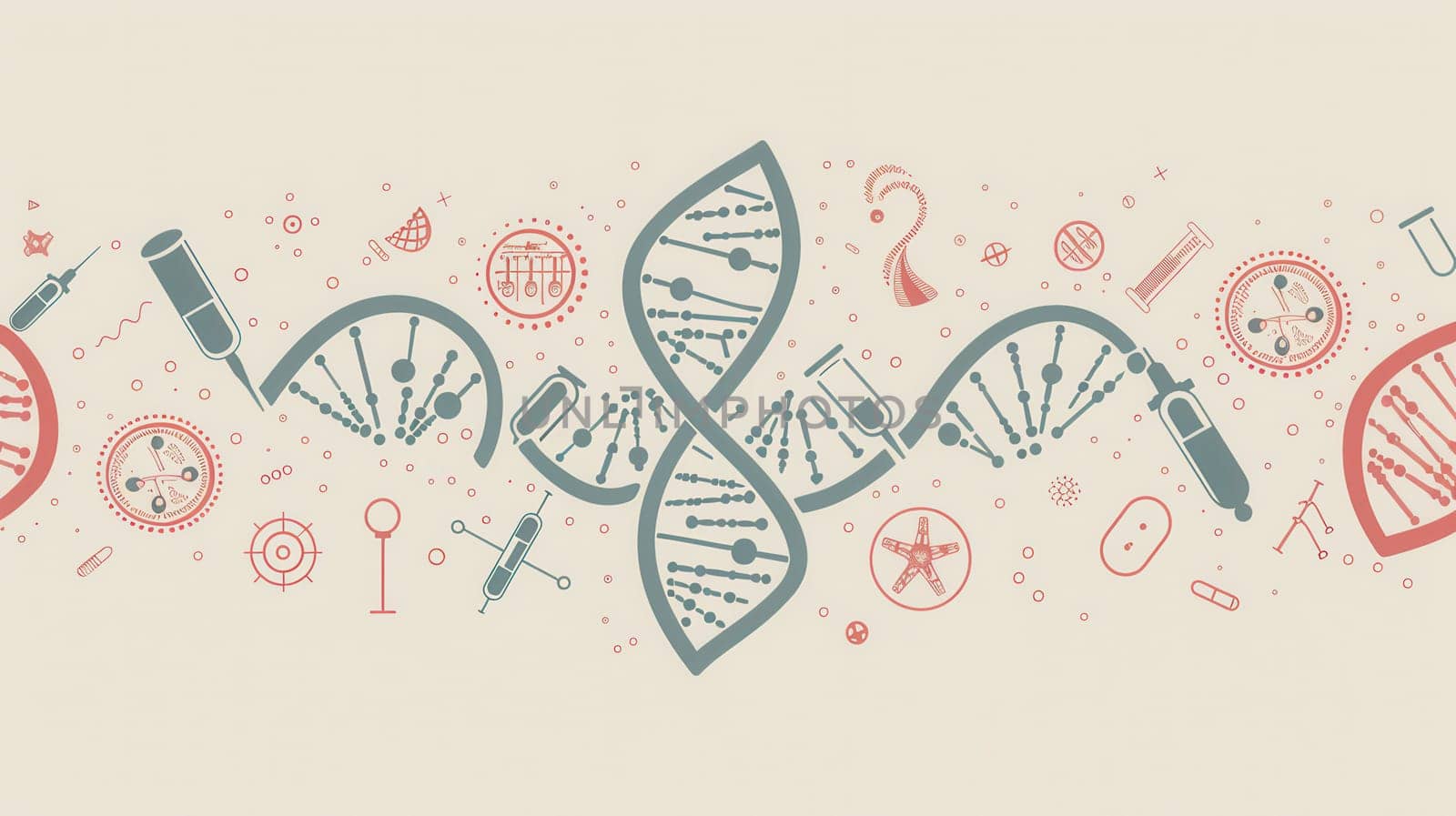 A double helix DNA strand is depicted alongside various medical icons, including microscopes and test tubes, emphasizing genetic research and healthcare.