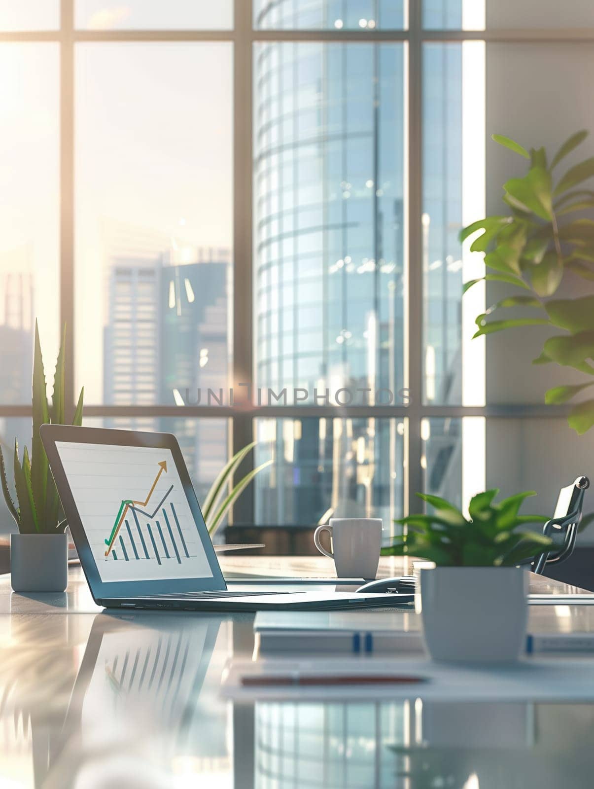 A sleek office bathed in natural light highlights a laptop with growth charts, surrounded by potted plants and a coffee cup, creating an inviting workspace.