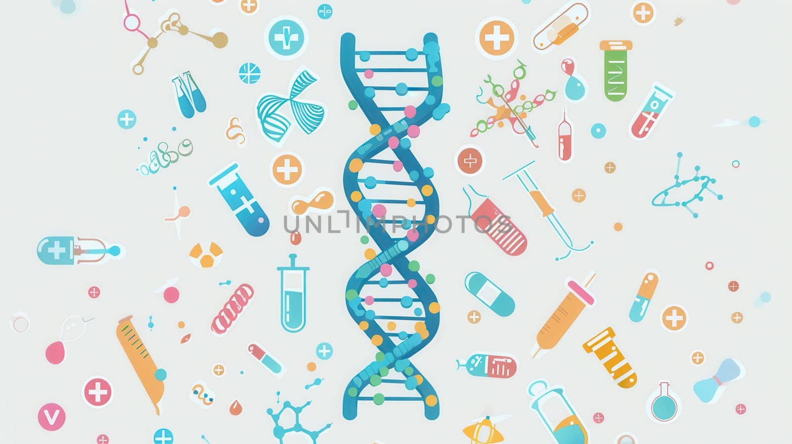 A DNA double helix is showcased amidst various medical icons, representing the connection between genetics and healthcare.